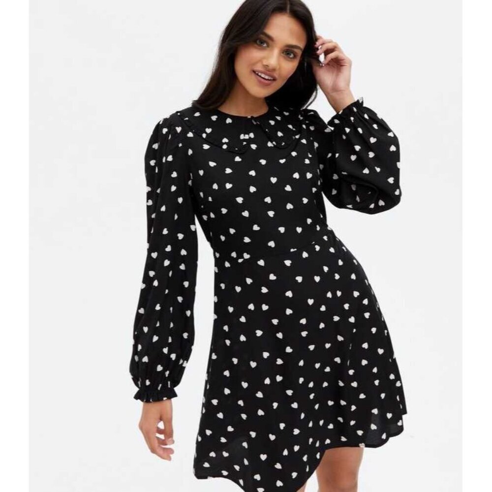 New Look Black Heart Frill Collar Mini Dress Tie Waist Valentine Size 14